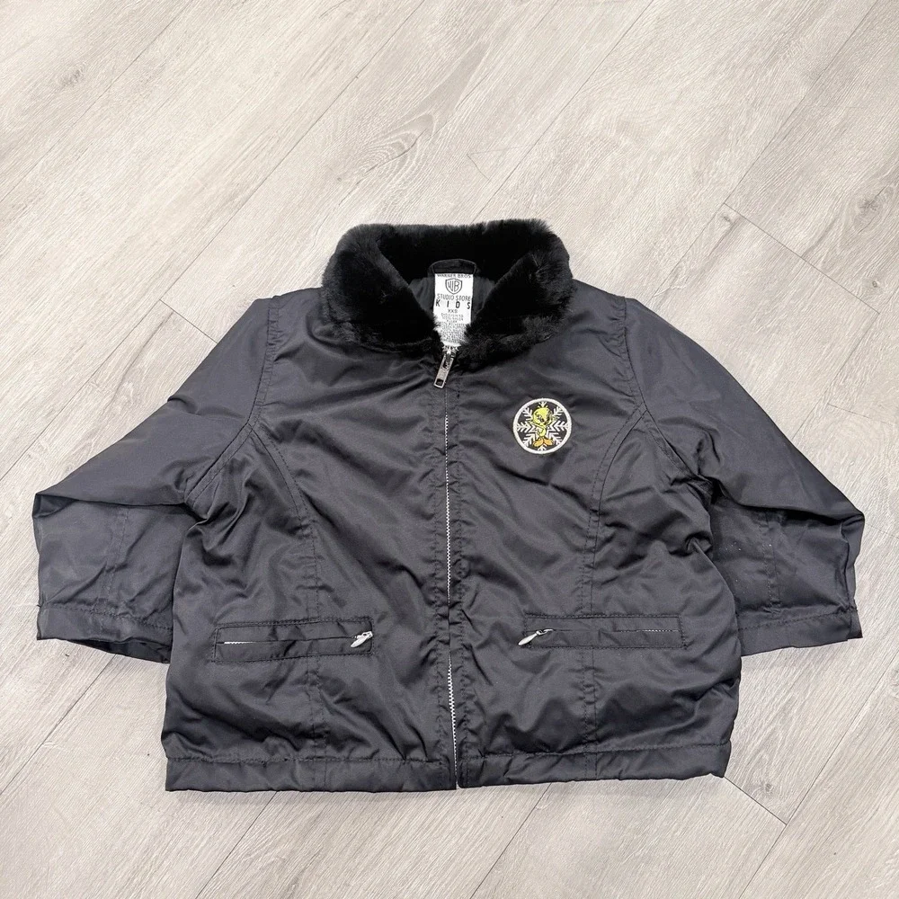 Vintage 1997 Warner Bros Studio Store Kids Tweety Bird Black Winter Jacket XXS